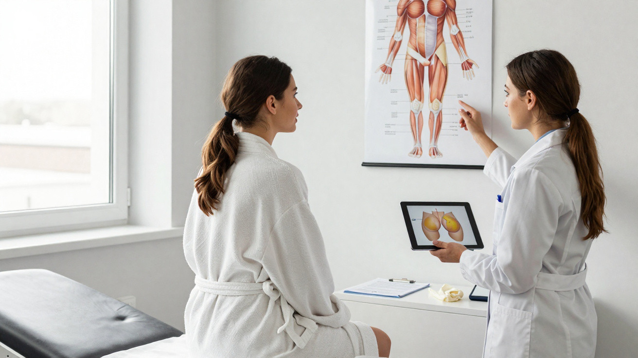 Doctor explaining muscle anatomy to patient using a tablet and wall chart in a medical consultation room.