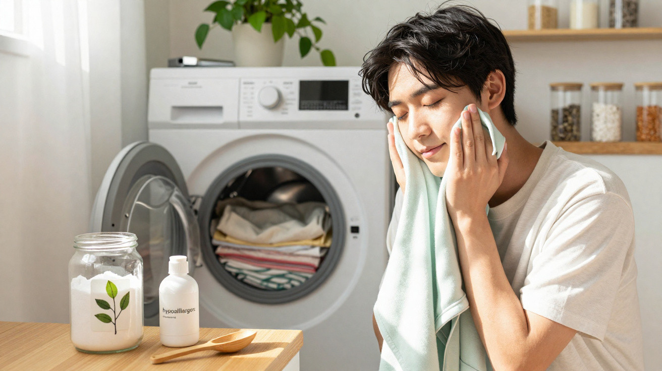 Young man drying his face with a towel in a bright laundry room, with washing machine and detergent on table.