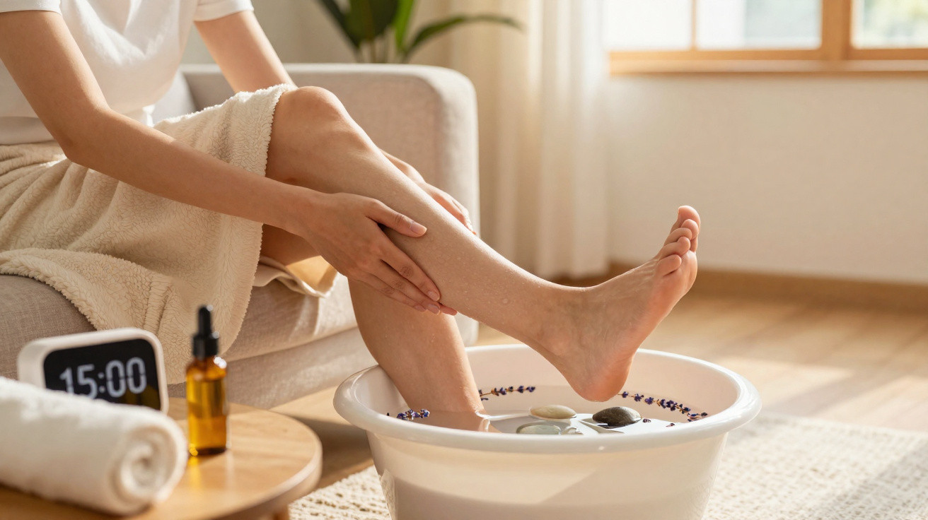 Person soaking feet in a basin with stones and lavender in a sunlit, relaxing room setting.
