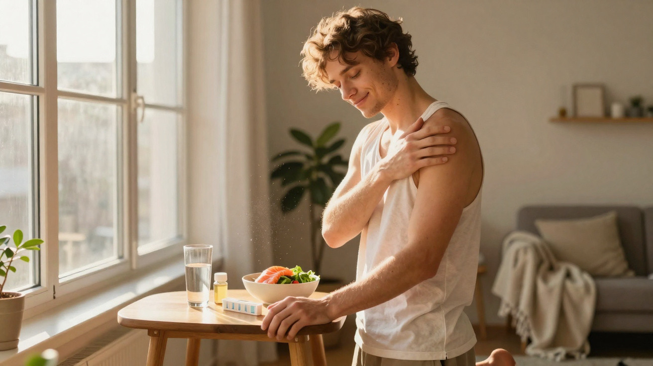 Young man in a tank top taking medication with a healthy meal on a wooden table in a bright room.