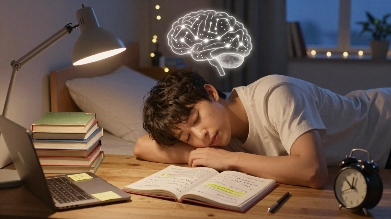 Student asleep on desk with open book, laptop, stack of books, alarm clock, and glowing brain illustration above head.