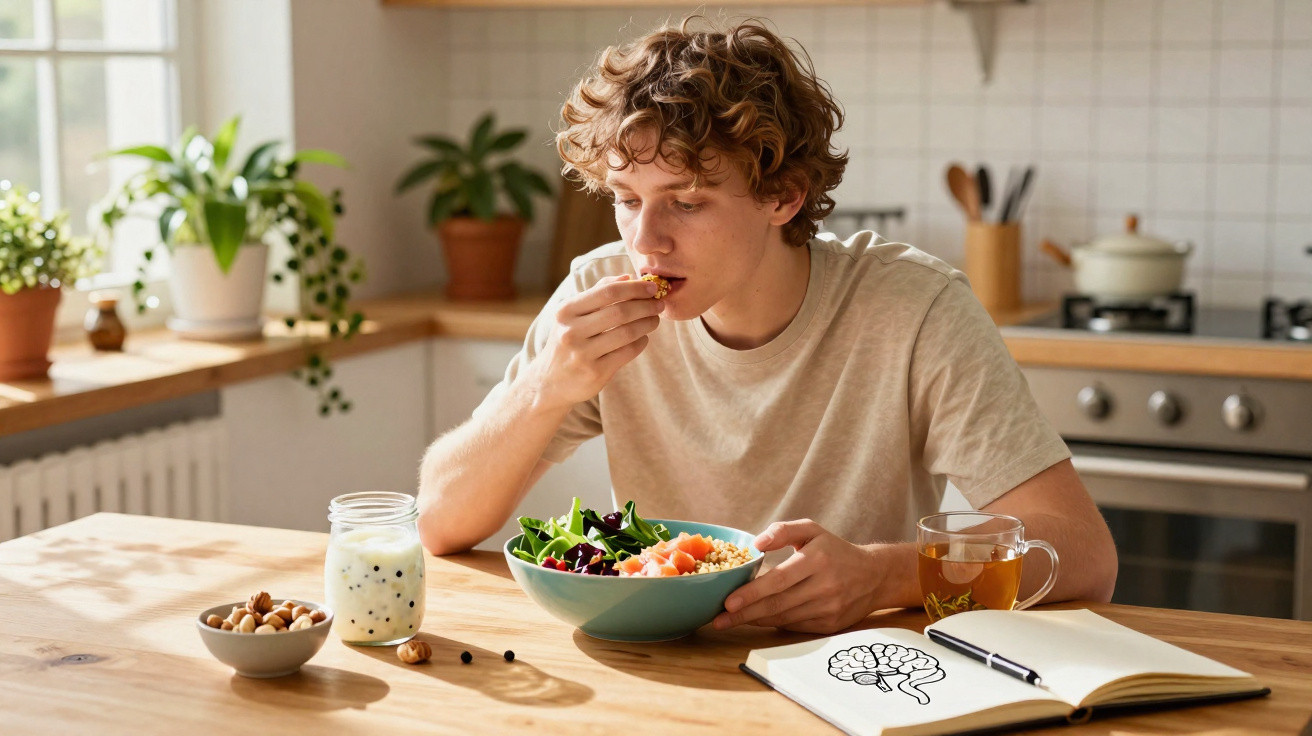 Young man eating salad at kitchen table with healthy snacks, tea, and notebook with brain drawing.