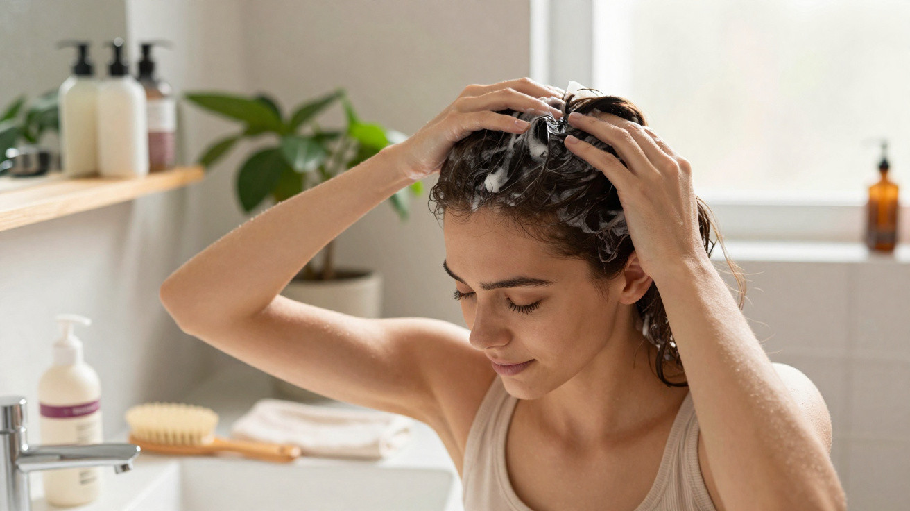 Young woman washing her hair with shampoo in a bright bathroom near a sink and toiletries.