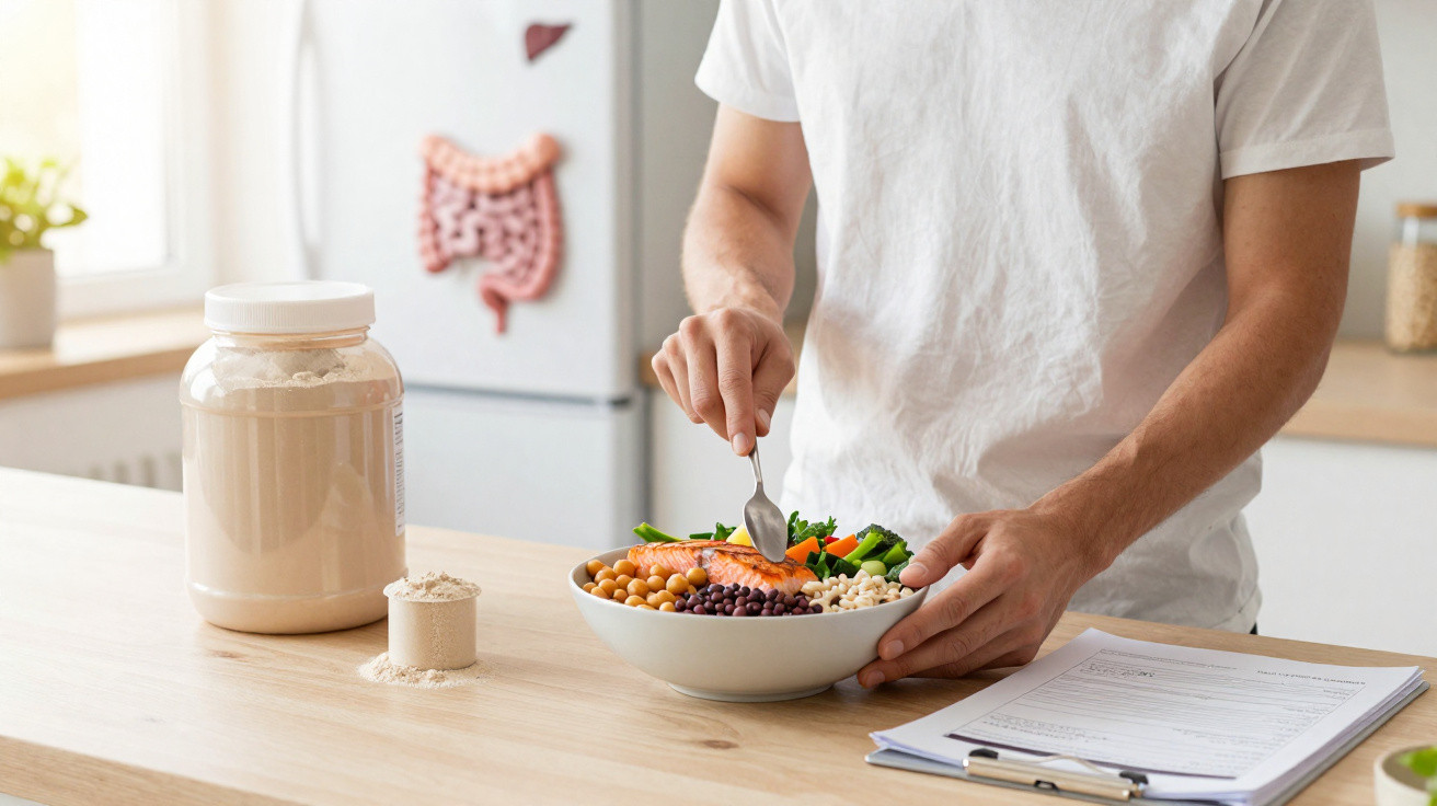 Person preparing a healthy bowl with salmon, chickpeas, beans, and vegetables next to a protein powder jar and clipboard.