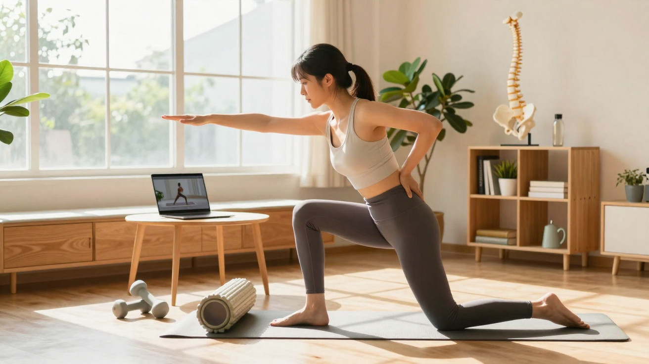 Woman stretching on a yoga mat following an online workout in a bright, modern living room.