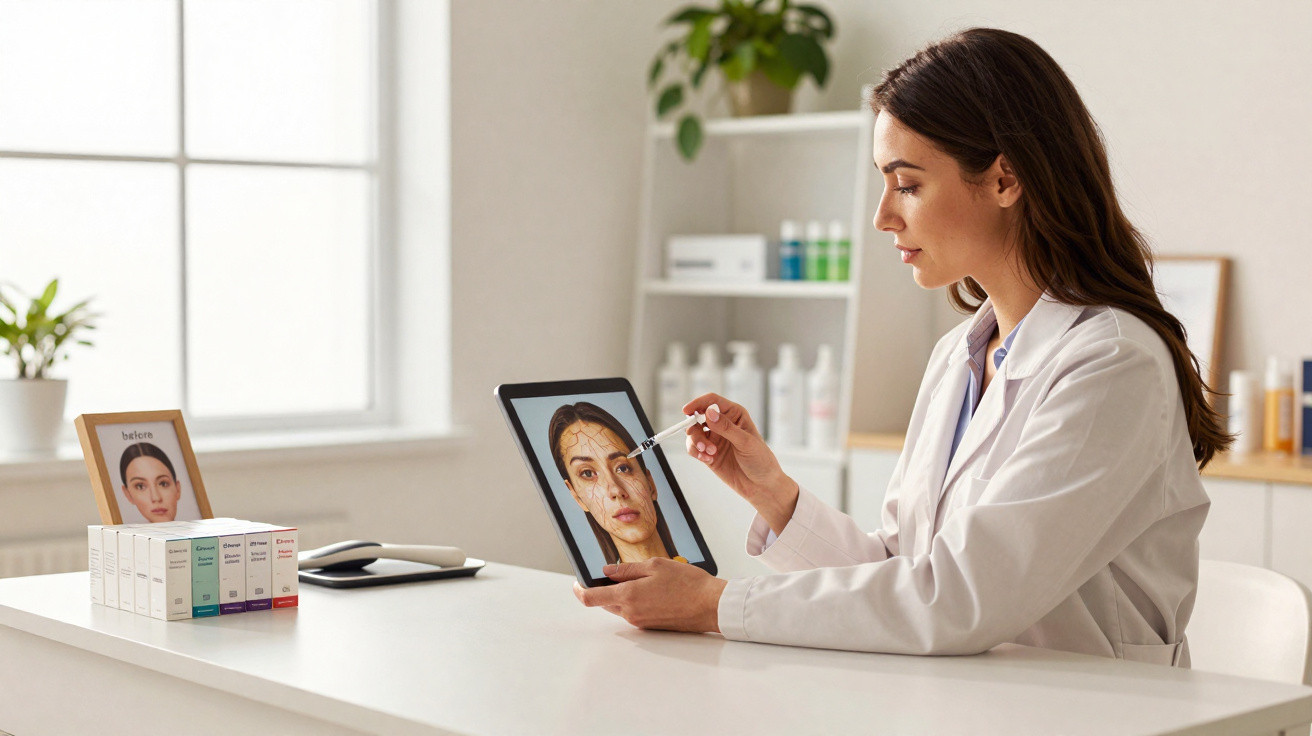 Woman in lab coat holding a tablet, analysing a digital facial skin diagram in a bright clinic room.