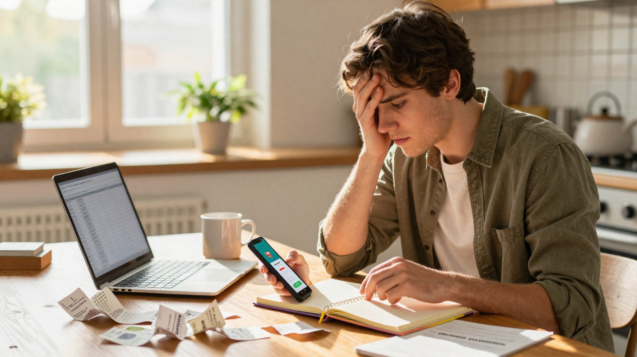 Young man looking stressed while managing bills and using a smartphone at a kitchen table with a laptop.