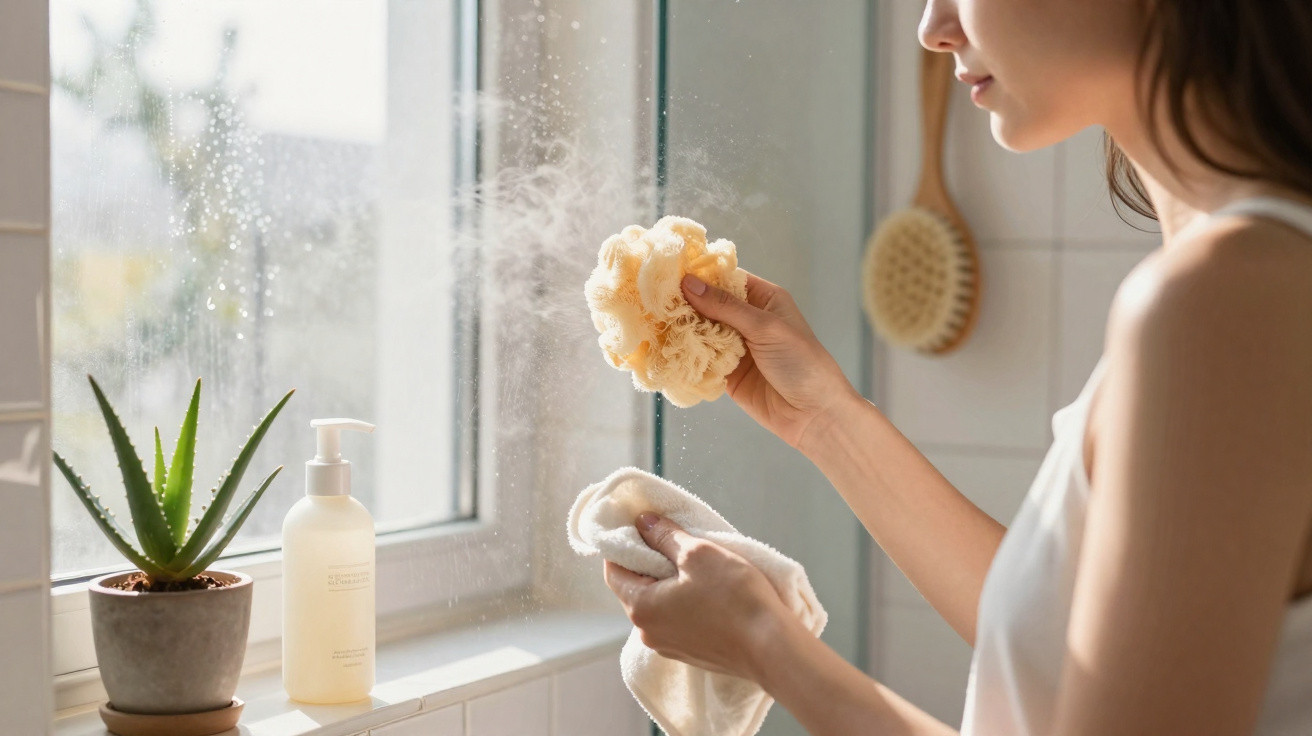 Woman holding a natural sea sponge and towel near a steamy bathroom window with a potted aloe plant and lotion bottle.