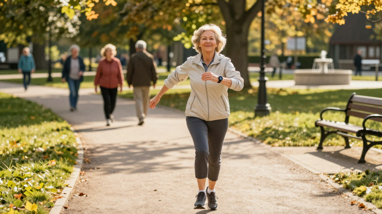 Woman jogging on a park path in autumn with other people walking in the background and fallen leaves around.