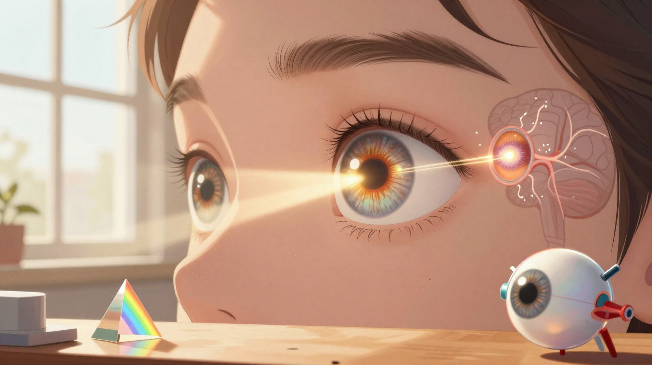Close-up of a person’s eye with light beams hitting a prism, showing a brain diagram and a model eyeball nearby.