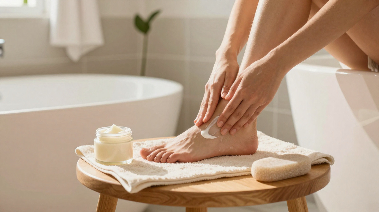 Person applying cream to foot while sitting on bathtub edge in bright bathroom setting.