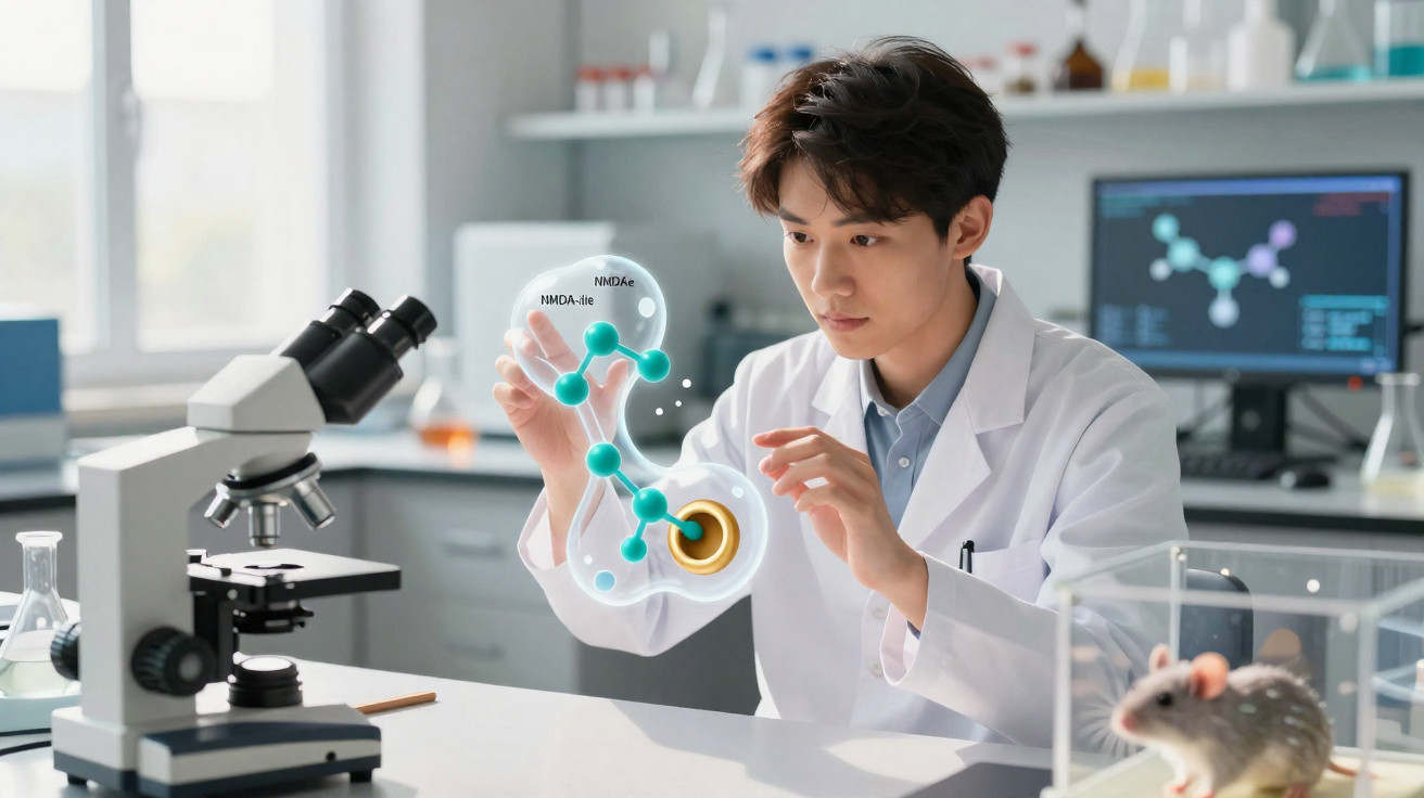 Scientist in a lab coat analysing a digital molecular structure with a mouse in a transparent cage nearby.