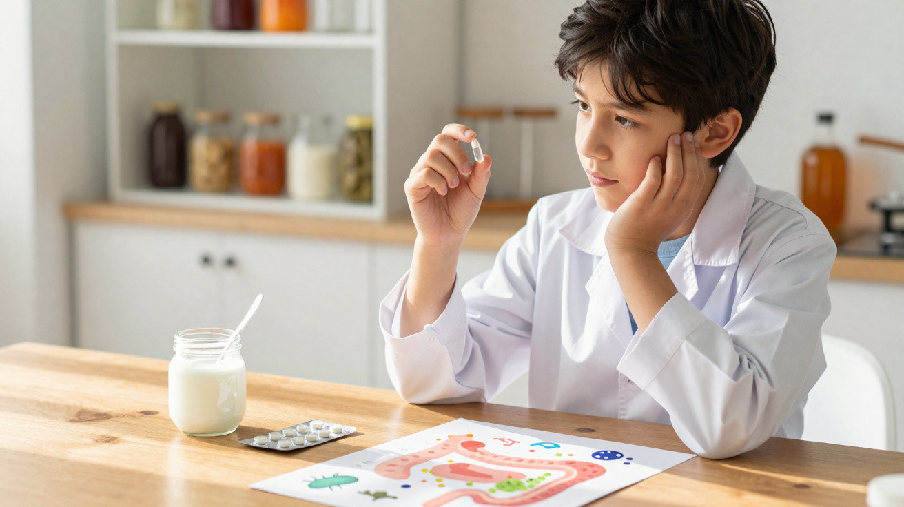 Young boy in a lab coat examining a capsule with a digestive system diagram on a table in a kitchen.