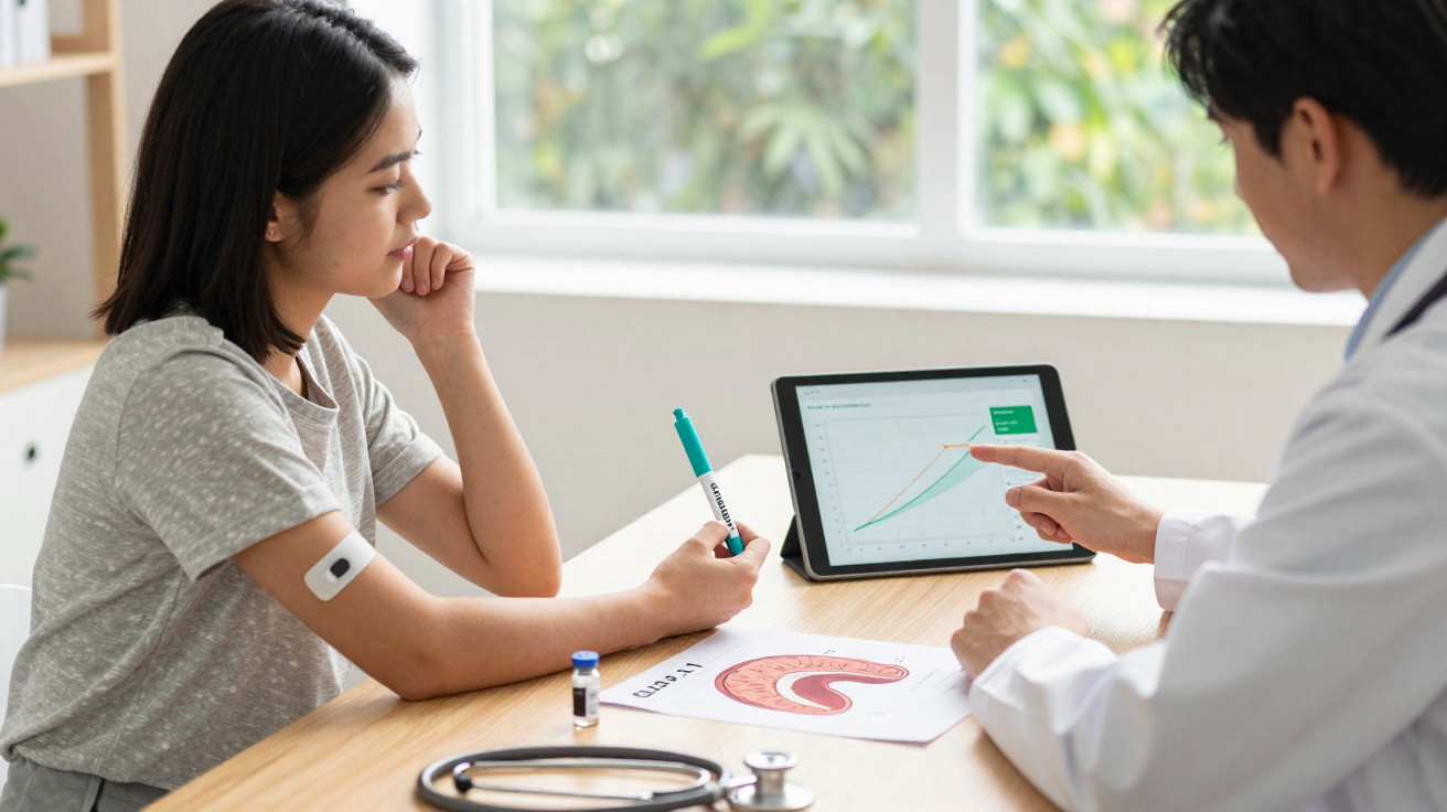 Doctor explaining diabetes data on tablet to a patient with glucose monitor on her arm in a bright office.