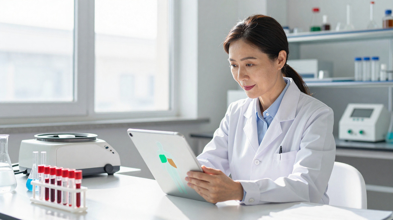 Female scientist in lab coat using a tablet in a bright laboratory with test tubes and equipment nearby.