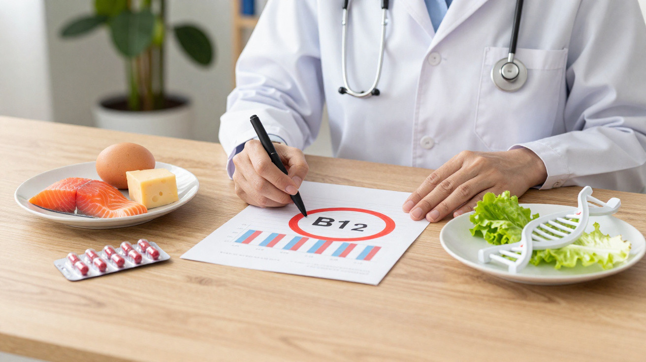 Doctor with stethoscope highlighting vitamin B12 on a chart, with vitamin-rich foods and supplements on the table.