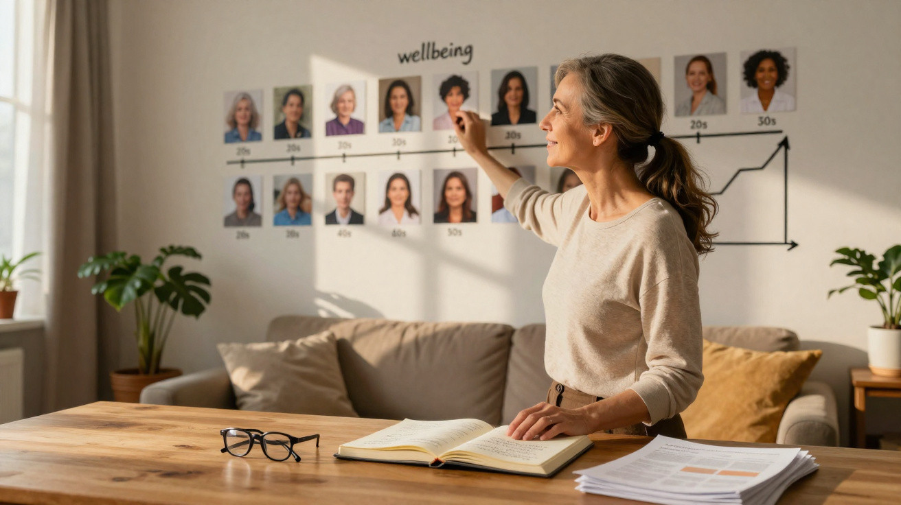 Woman pointing at a wellbeing timeline with photos and age labels on a wall in a bright, cosy room.