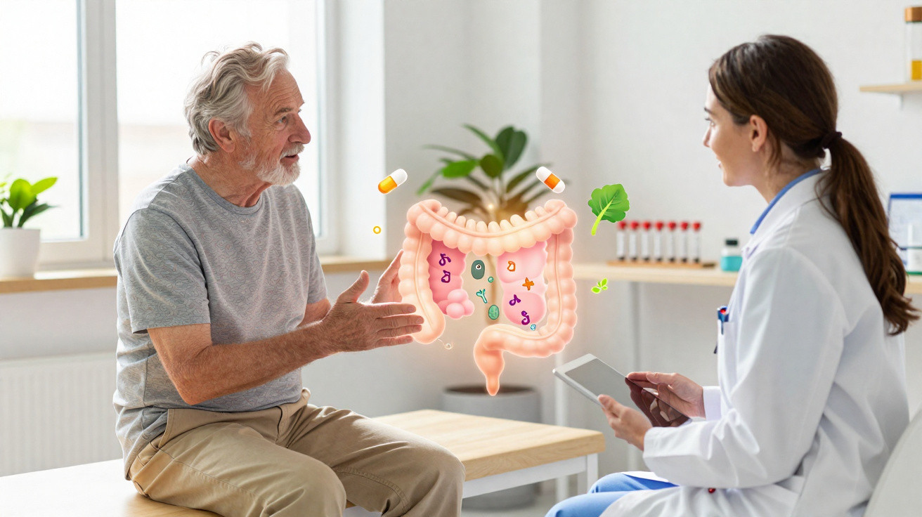 Older man discussing gut health with female doctor using digital tablet in medical consultation room