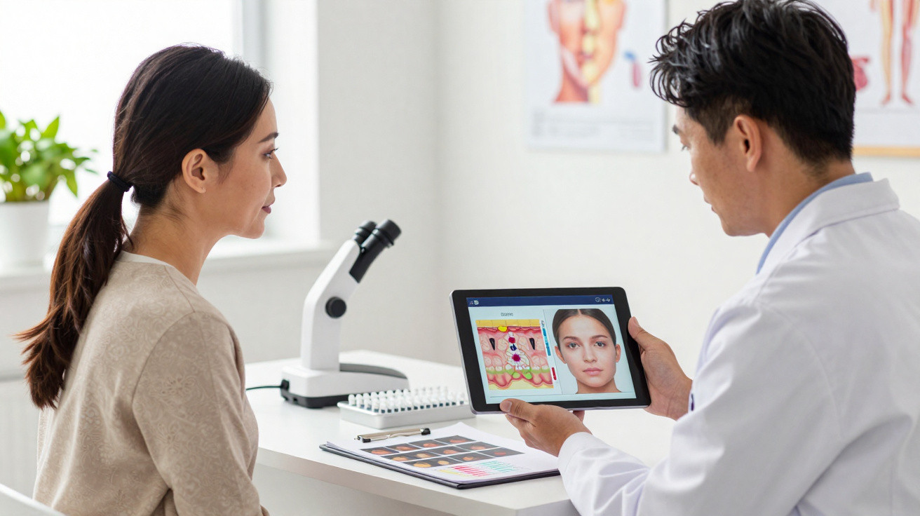 Doctor showing a woman skin analysis images on a tablet during a dermatology consultation.