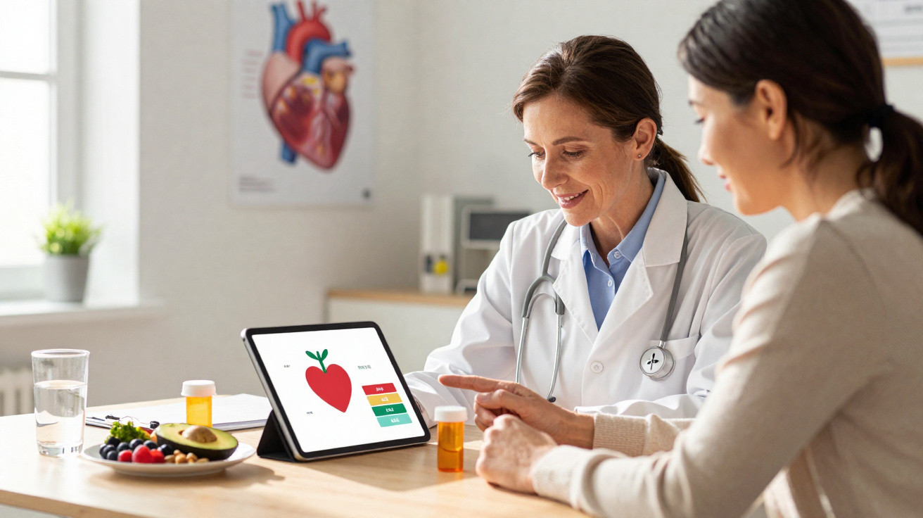 Female doctor explaining heart health chart on tablet to female patient in a medical office.