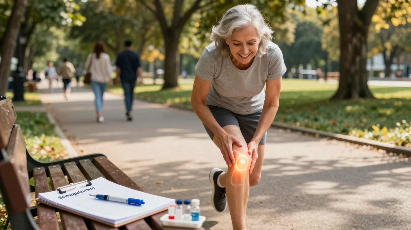 Older woman outdoors in park holding painful knee with highlighted pain area, medical supplies on bench nearby.