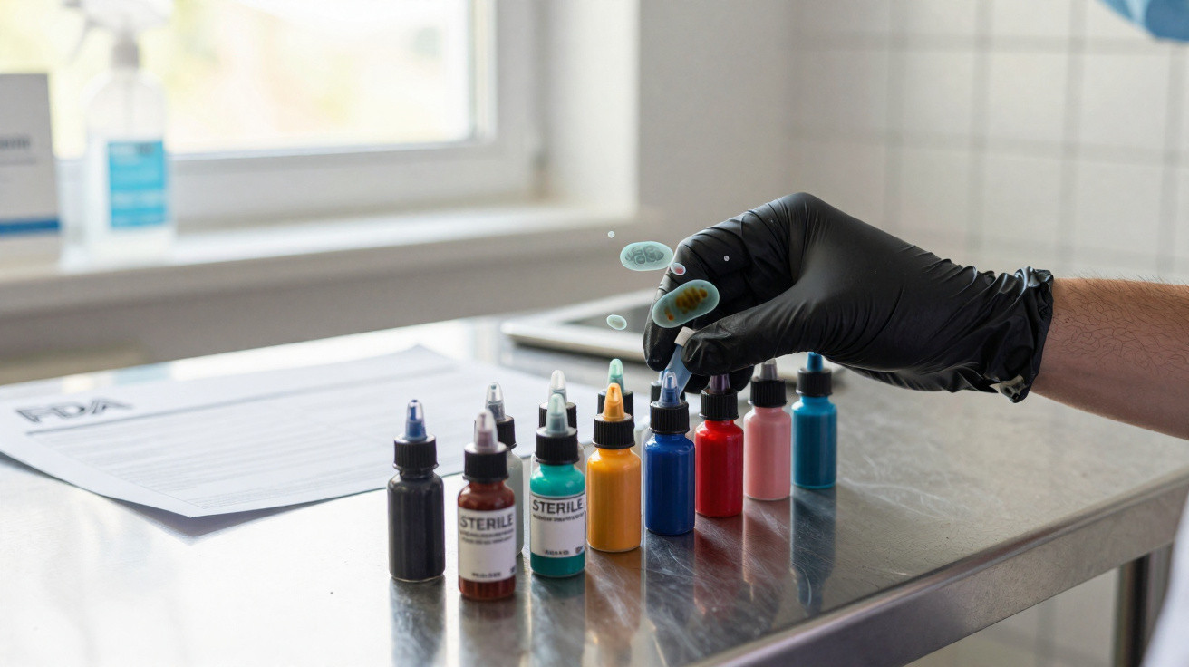 Hand in black glove holding a small object near seven coloured sterile ink bottles on a metal table.