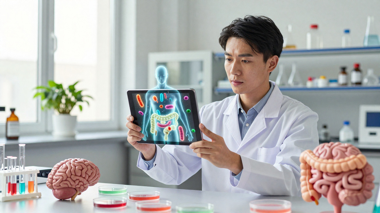 Scientist in lab coat examining digital display of human digestive system and gut bacteria with brain models on table.