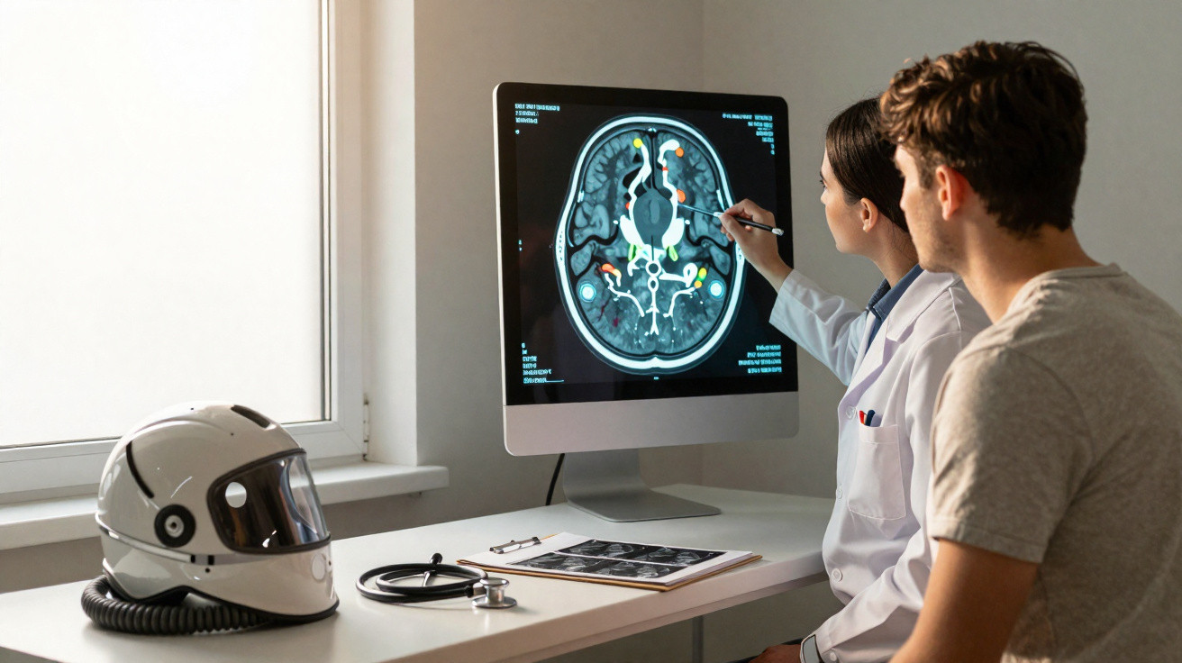 Doctor explaining brain scan results to a patient in a clinical setting with space helmet on desk.