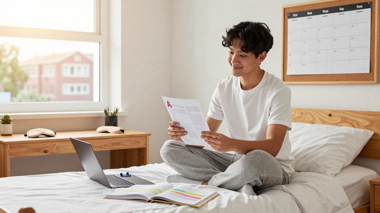 Young man sitting cross-legged on bed, smiling at paper with laptop and open book nearby in bright bedroom.