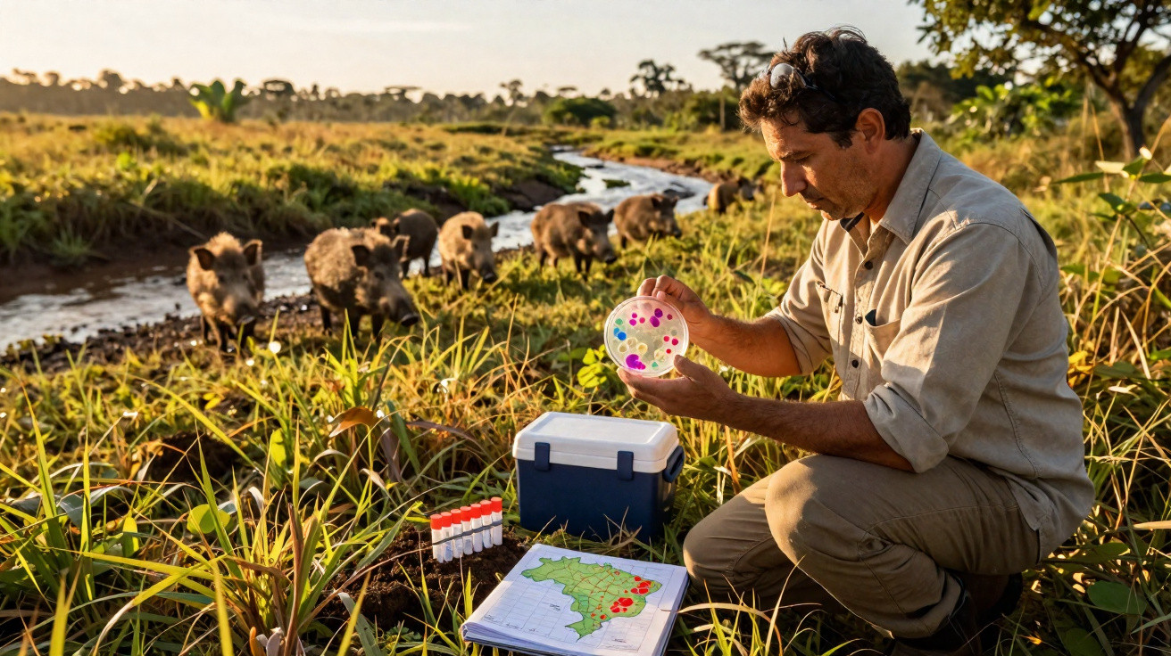 Researcher examines petri dish outdoors near wild boars by a stream with a map and samples on the grass.
