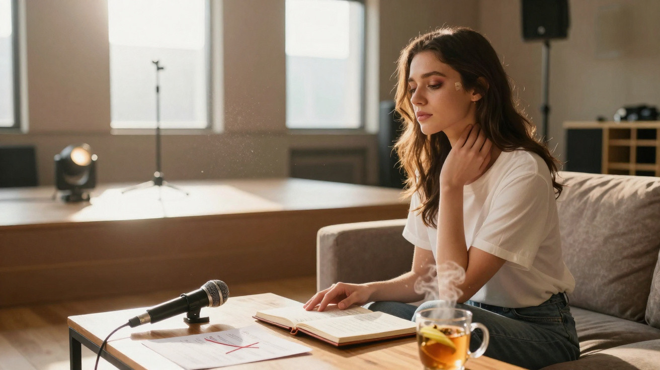 Young woman reading a book with a microphone and steaming cup of tea on the table in a cozy room