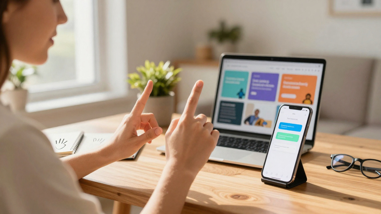 Person using sign language in front of a laptop and smartphone on a wooden desk in a well-lit room.
