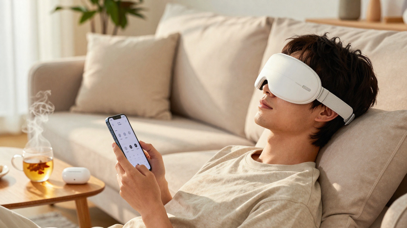 Young man relaxing on a sofa wearing a white eye massager while holding a smartphone in a bright living room.