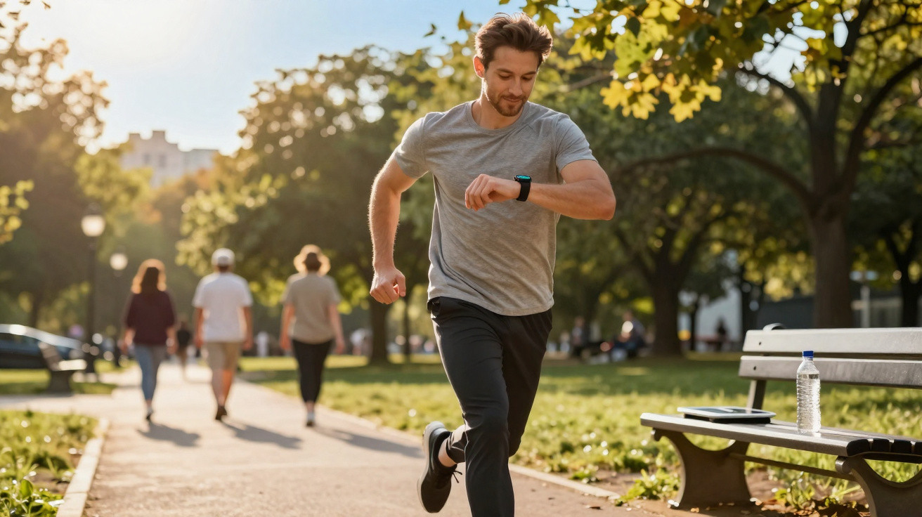 Man running in a park checking his smartwatch with people walking in the background on a sunny day