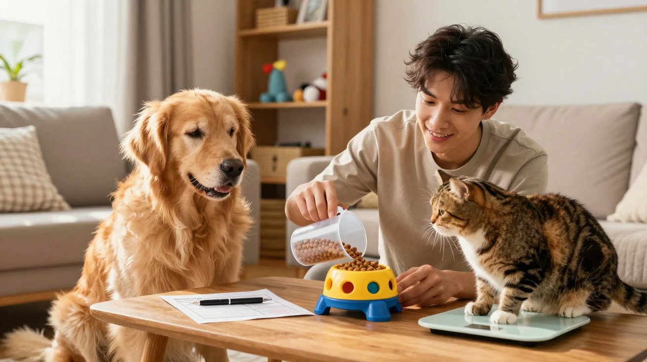 Young man feeding dog and cat with kibble in living room, cat sits on a scale on the table.