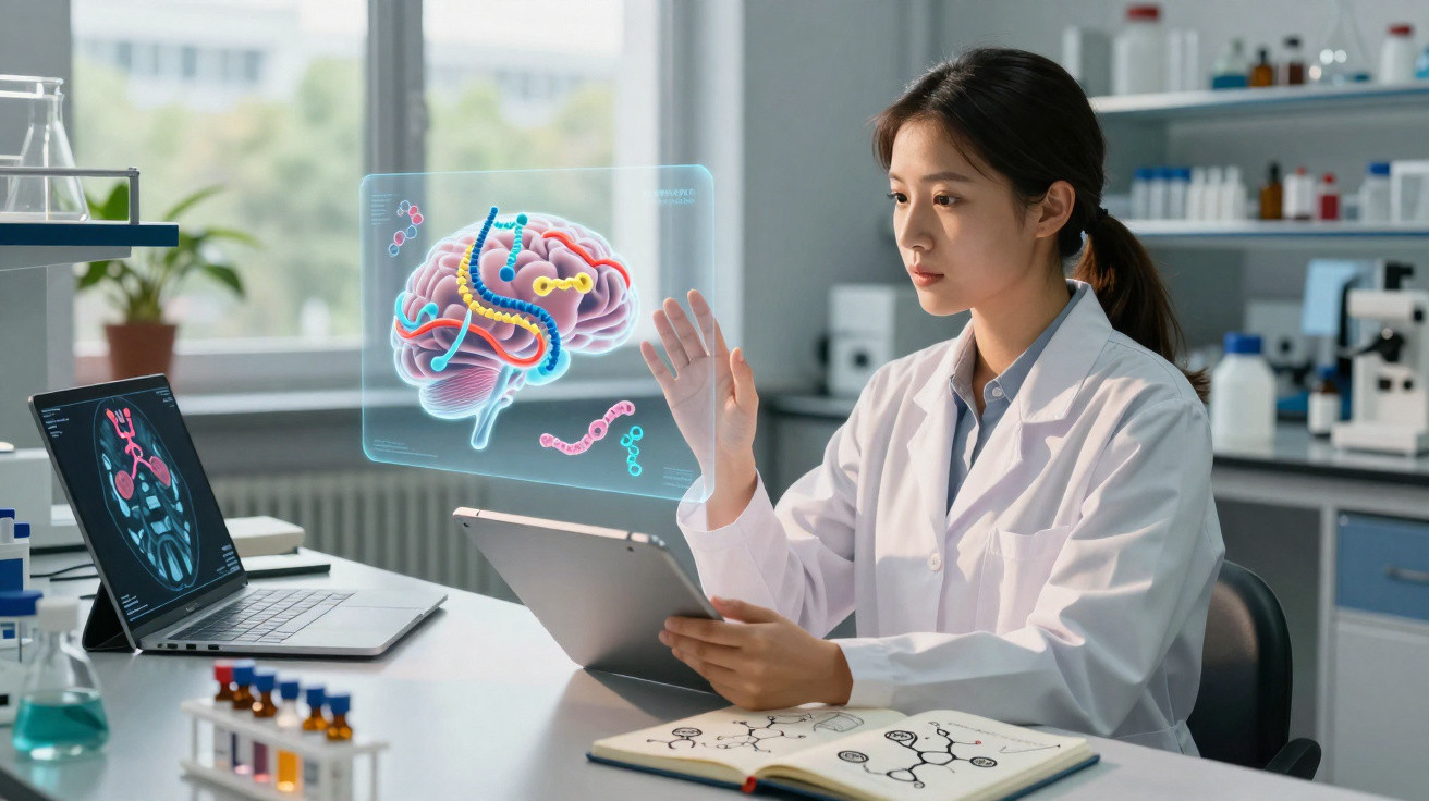 Female scientist analysing 3D hologram of a brain with molecular structures in a laboratory setting.