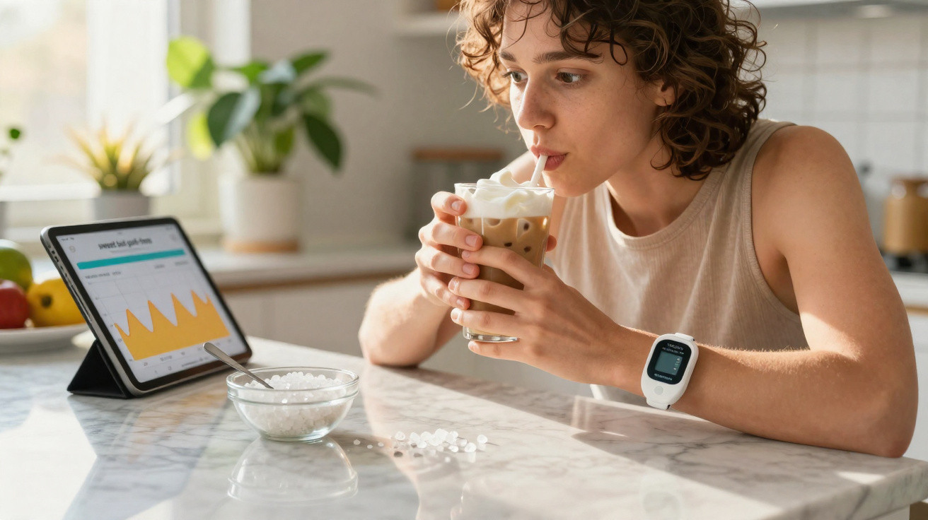 Person with curly hair drinking iced coffee topped with whipped cream at a kitchen counter with a tablet and sugar bowl.