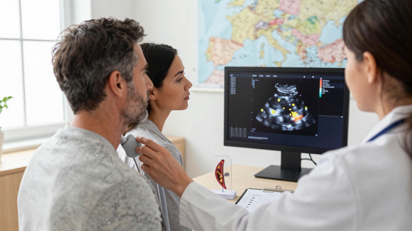 Doctor performing an ultrasound scan on a man's neck while a woman observes the monitor displaying the results.