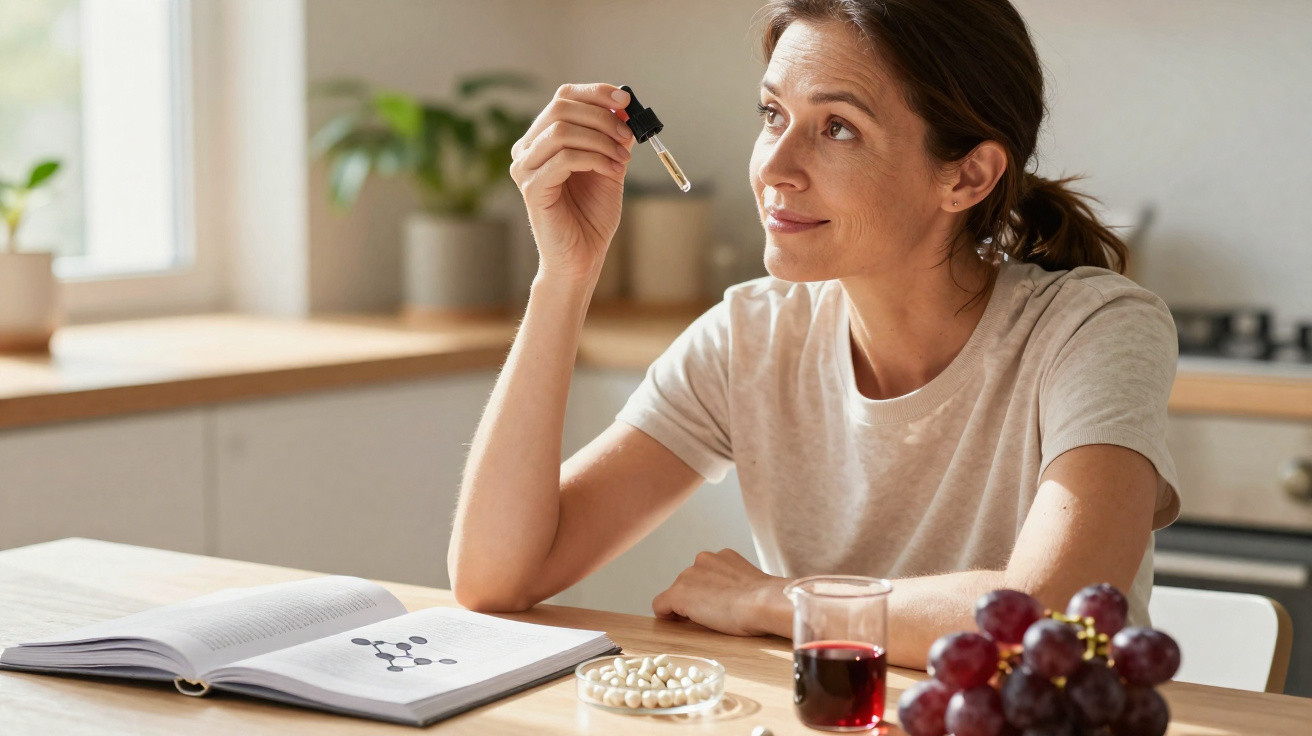 Woman holding a dropper near an open book with pills, a glass of dark liquid, and a bunch of grapes on the table.