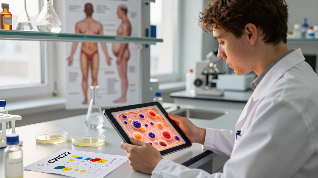 Scientist in a lab coat examining cell images on a tablet with petri dishes and anatomy chart nearby.