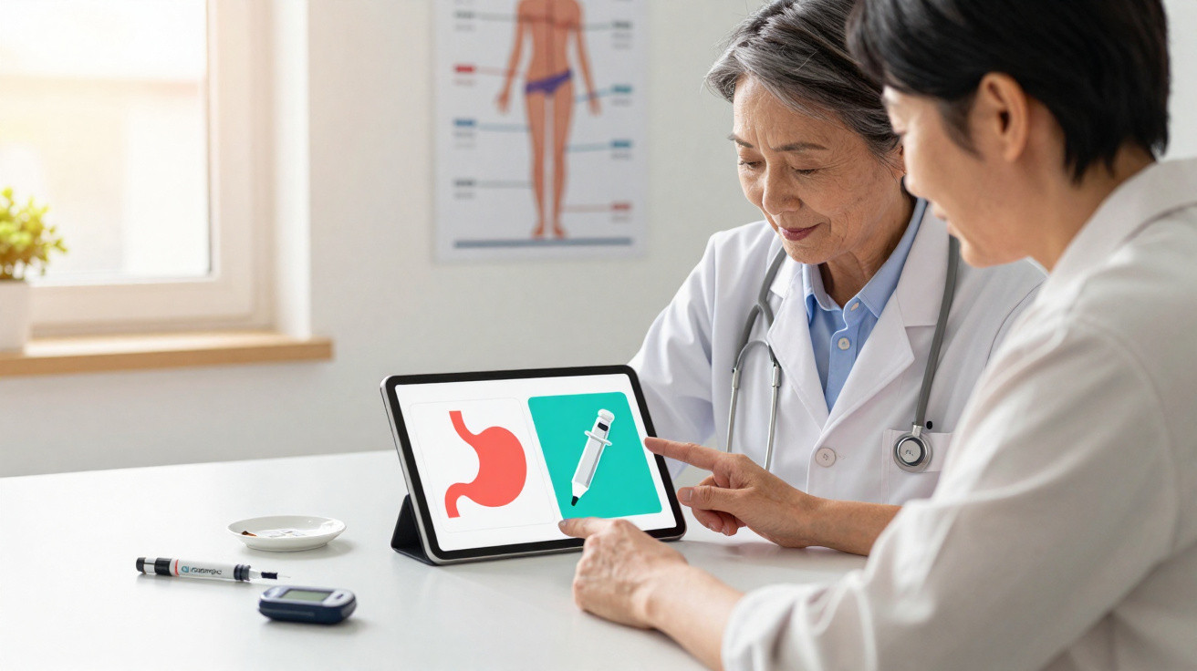Two female doctors discussing stomach and injection images on a tablet in a clinical setting.