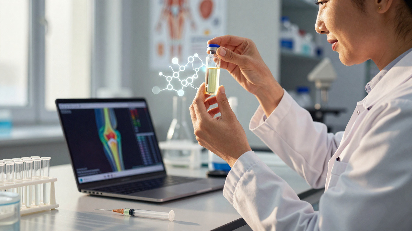 Scientist in lab coat examining a vial, with a laptop showing a digital knee joint scan on the desk.