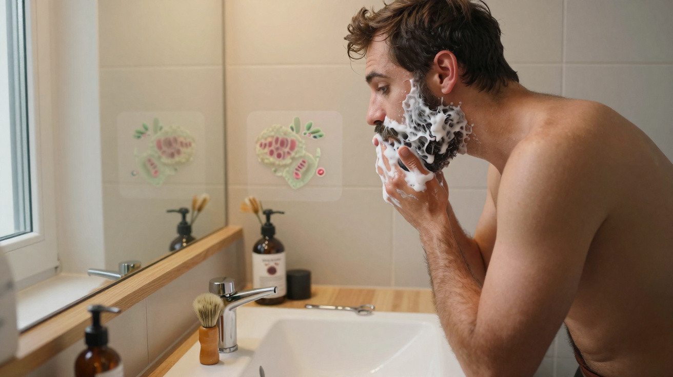 Man applying shaving foam to his beard while standing at a bathroom sink in front of a mirror.