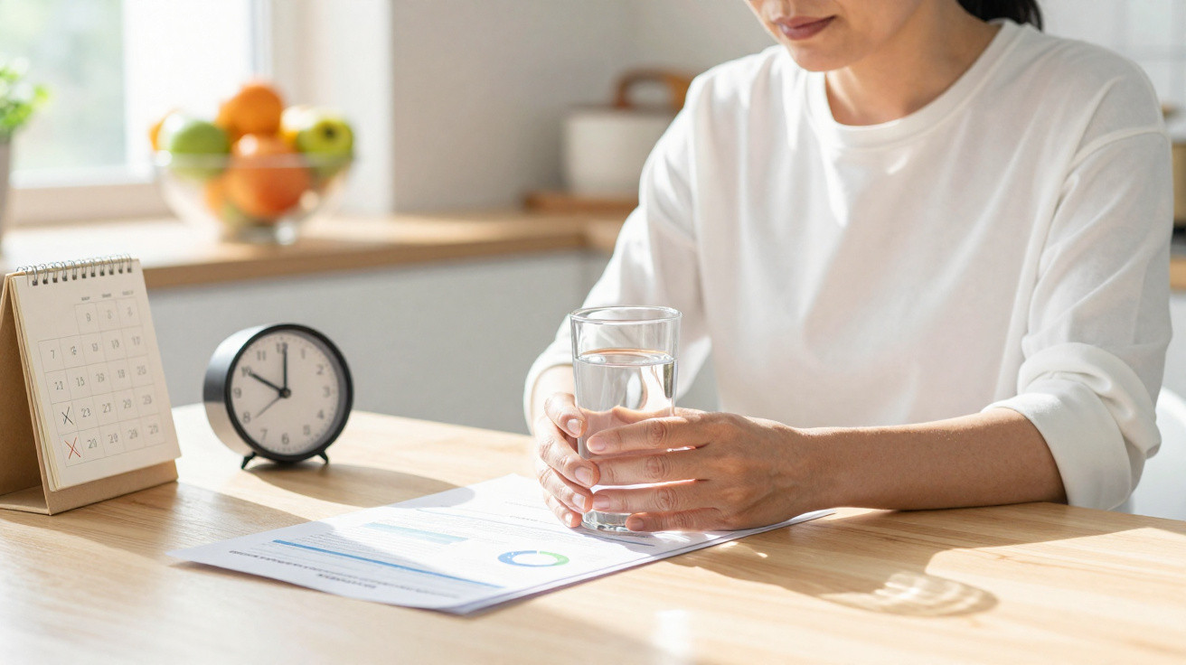 Woman holding a glass of water at a table with documents, a clock, and a calendar in natural light.