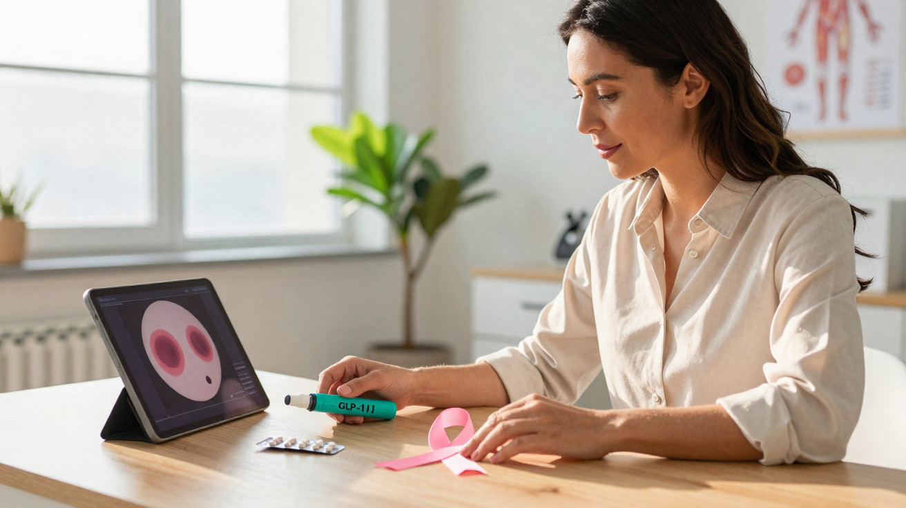 Woman sitting at a desk holding a GLP-1 injection pen, with a pink ribbon, pills, and a tablet showing cells.