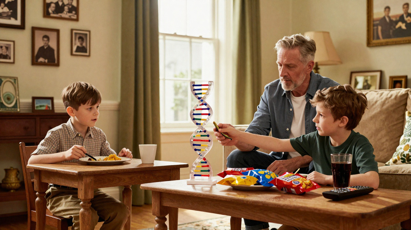 Man and two boys sitting in living room with DNA model and snacks on table during learning session.
