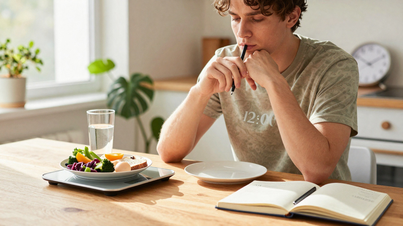 Young man sitting at a kitchen table, contemplating food on a plate with an open notebook nearby.