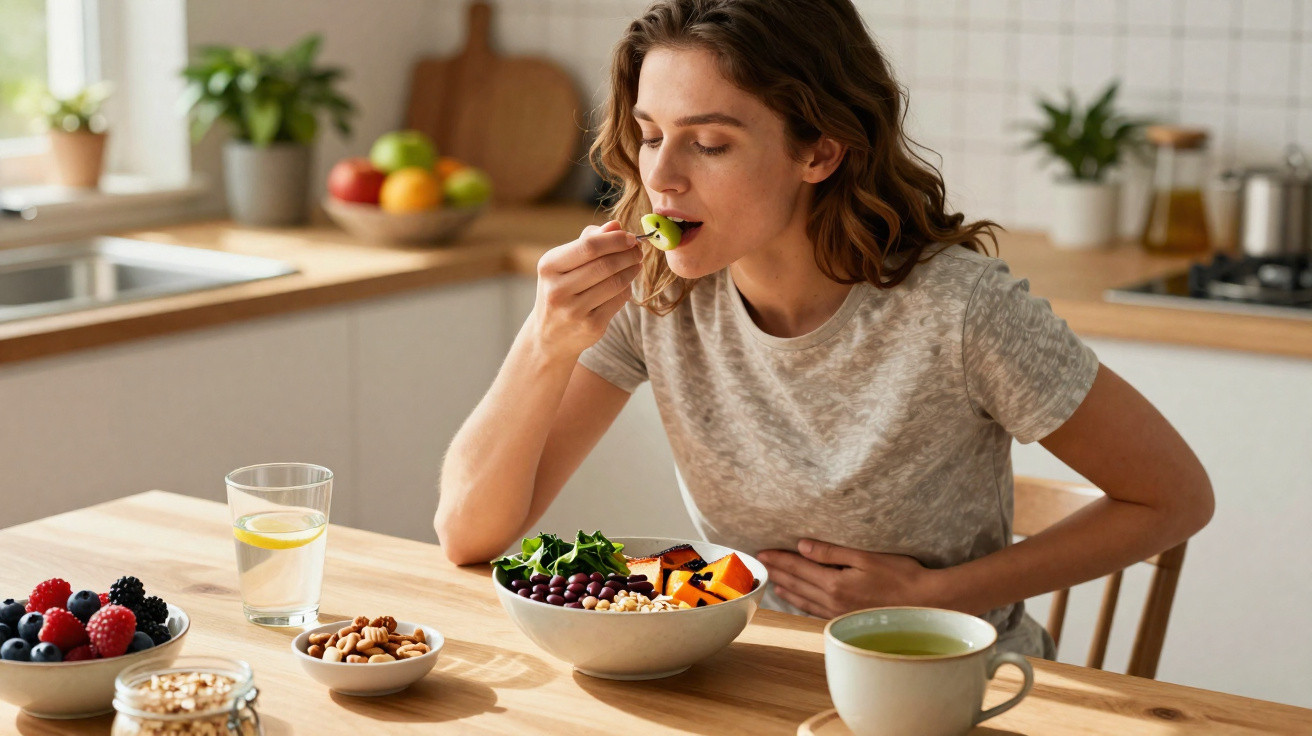 Woman eating a healthy salad bowl at a kitchen table with fruit, nuts, lemon water, and tea.