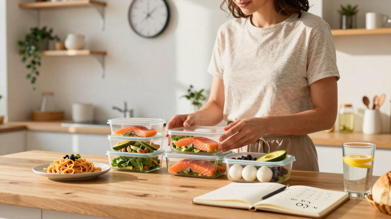 Person preparing healthy meals with salmon, eggs, avocado, and salad in glass containers on kitchen counter.