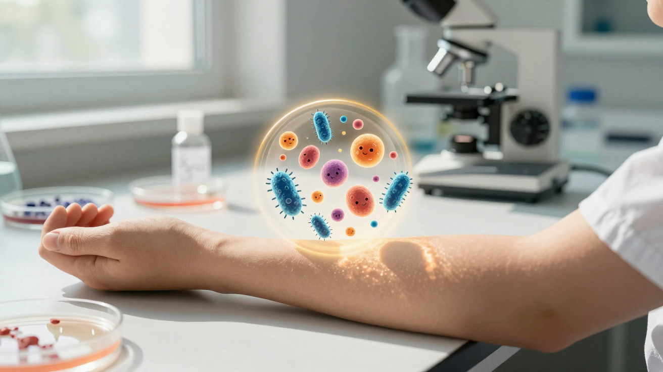 Arm resting on a lab table with illustrated colourful bacteria and a microscope in the background.